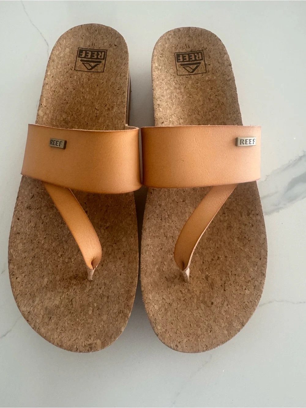 Reef Tan Leather platform Cork Footbed Thong Sandals